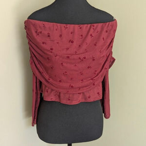 M & E Sheer Floral Off Shoulder Long Sleeve Layered Mesh Top - Burgundy - L